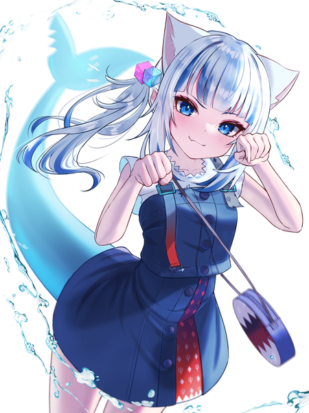 Anime picture 1620x2160 with virtual youtuber hololive hololive english gawr gura gawr gura (2nd costume) inari (ambercrown) single long hair tall image looking at viewer fringe blue eyes simple background white background animal ears silver hair tail blunt bangs multicolored hair cat ears