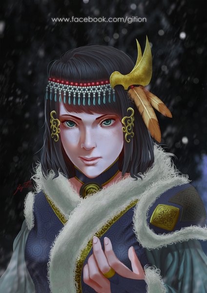 Anime picture 1421x2010 with original regition single long hair tall image looking at viewer fringe black hair green eyes looking away fingernails lips girl hair ornament feather (feathers) clothes native american headdress