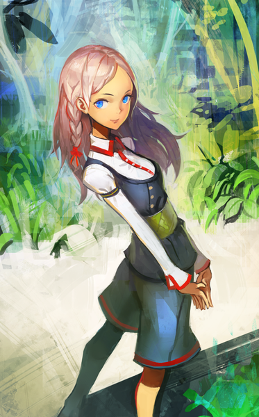 Anime picture 637x1024 with original arata yokoyama single long hair tall image looking at viewer blue eyes smile standing pink hair outdoors braid (braids) long sleeves from above single braid hands clasped girl shorts leaf (leaves) buttons