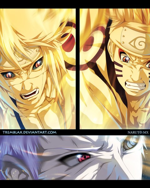 Anime picture 803x1000 with naruto studio pierrot naruto (series) uzumaki naruto uchiha obito namikaze minato tobi tremblax tall image short hair open mouth blonde hair red eyes purple eyes pink hair orange eyes grin coloring letterboxed scar