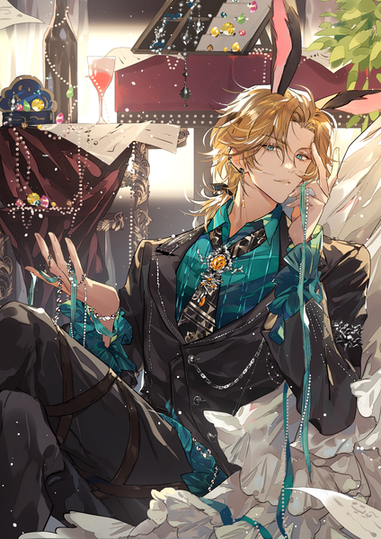 Anime picture 2480x3508 with for all time luo xia zishengtian123 single long hair tall image looking at viewer highres blonde hair sitting animal ears aqua eyes bunny ears low ponytail boy earrings shirt necktie jewelry bottle