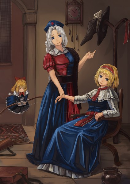 Anime picture 1240x1754 with touhou alice margatroid shanghai yagokoro eirin amibazh long hair tall image short hair blue eyes blonde hair standing sitting multiple girls looking away silver hair braid (braids) eyes closed lips single braid nurse