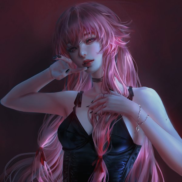 Anime picture 6000x6000 with mirai nikki gasai yuno nixeu single long hair looking at viewer fringe highres breasts simple background hair between eyes bare shoulders pink hair absurdres upper body nail polish parted lips head tilt pink eyes arm up