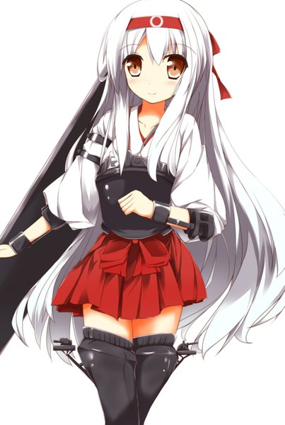 Anime picture 1075x1600 with kantai collection shoukaku aircraft carrier fuuna single long hair tall image looking at viewer blush simple background smile red eyes white background white hair girl thighhighs black thighhighs hairband armor breastplate muneate