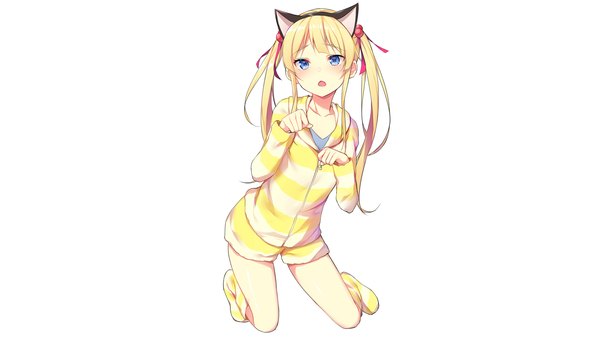 Anime picture 1920x1080 with anitore! ex higuchi eri alexmaster single long hair blush fringe highres open mouth blue eyes blonde hair smile wide image white background twintails animal ears payot looking away full body cat ears