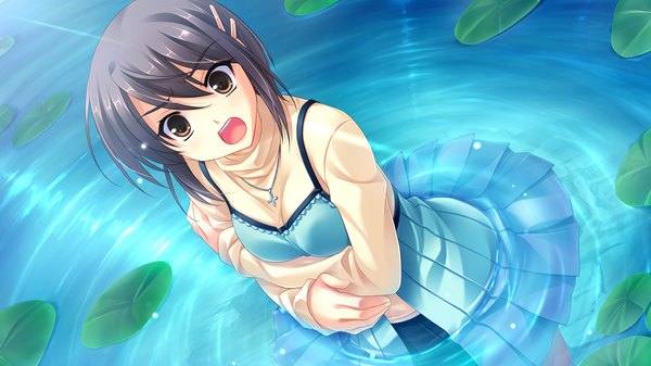 Anime picture 2048x1152 with midori no umi makina (midori no umi) saeki hokuto highres short hair open mouth black hair wide image brown eyes game cg girl