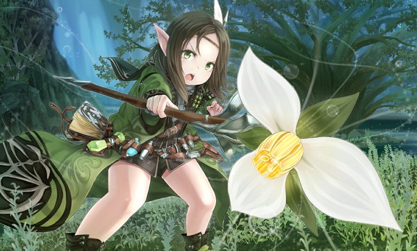 Anime picture 1196x722 with final fantasy final fantasy xiv square enix ell single long hair blush open mouth black hair wide image green eyes pointy ears elf boy flower (flowers) weapon book (books) clothes bow (weapon)