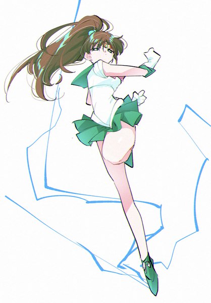 Anime picture 3191x4580 with bishoujo senshi sailor moon toei animation kino makoto sailor jupiter pochi (askas is god) single long hair tall image highres simple background brown hair standing white background absurdres full body ponytail bare legs standing on one leg sailor collar magical girl