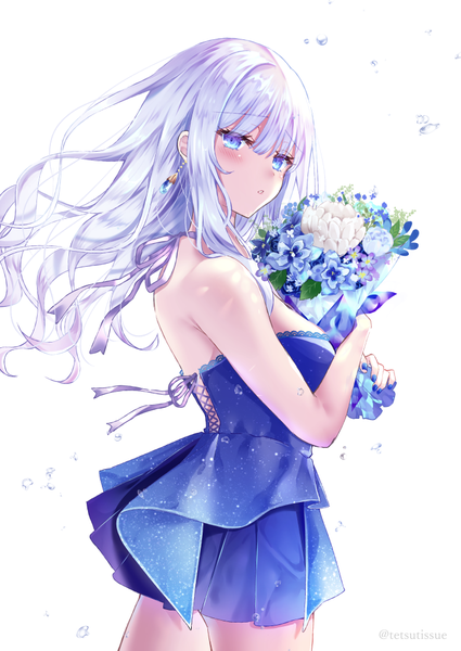 Anime picture 724x1023 with original tetsu tissue single long hair tall image looking at viewer blush fringe blue eyes simple background hair between eyes standing white background bare shoulders holding signed silver hair nail polish parted lips fingernails