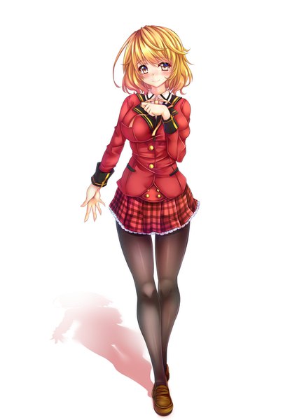 Anime-Bild 1191x1684 mit original siki2046 single tall image looking at viewer blush short hair breasts simple background blonde hair large breasts white background yellow eyes full body ahoge long sleeves pleated skirt shadow outstretched arm plaid skirt