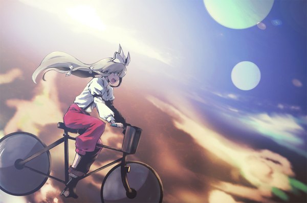 Anime picture 1085x718 with touhou fujiwara no mokou single long hair open mouth blonde hair red eyes girl bow hair bow ground vehicle suspenders bicycle