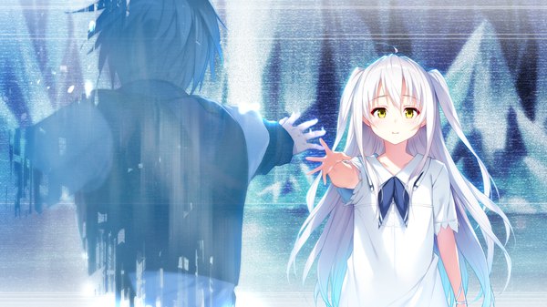 Anime picture 1280x720 with hikari no umi no apeiria apeiria long hair looking at viewer short hair brown hair wide image green eyes game cg ahoge white hair official art two side up wallpaper back outstretched hand girl dress boy white dress