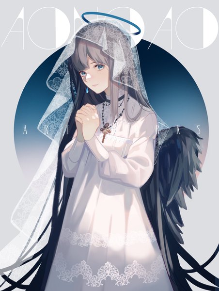 Anime picture 1542x2048 with original aono 99 single tall image looking at viewer fringe blue eyes smile standing signed blunt bangs very long hair grey hair grey background gradient background text floral print english angel wings black wings