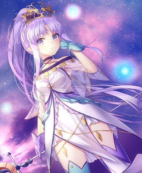 Anime picture 900x1100 with fate (series) fate/grand order type-moon caster caster lily keito (kazamatuli) single tall image looking at viewer breasts smile standing purple eyes holding sky purple hair ponytail very long hair head tilt arm up