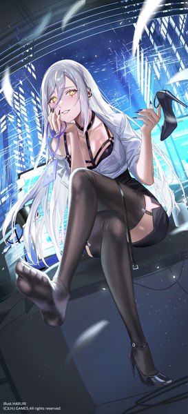 Anime picture 1000x2200 with original haruri single long hair tall image looking at viewer blush fringe breasts light erotic smile hair between eyes sitting yellow eyes silver hair full body fingernails legs grin crossed legs