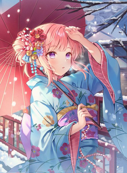 Anime picture 1504x2048 with original auro drm single tall image blush fringe short hair open mouth standing purple eyes holding looking away pink hair outdoors blunt bangs nail polish traditional clothes japanese clothes arm up hair flower
