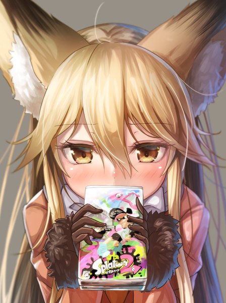 Anime picture 800x1070 with kemono friends splatoon splatoon 2 nintendo ezo red fox (kemono friends) matokechi single long hair tall image looking at viewer blush fringe simple background blonde hair hair between eyes holding brown eyes animal ears ahoge long sleeves