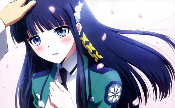 Anime picture 5718x3539 with mahouka koukou no rettousei shiba miyuki long hair blush fringe highres blue eyes black hair wide image absurdres upper body blunt bangs parted lips scan official art solo focus pov hand on another's head headpat girl