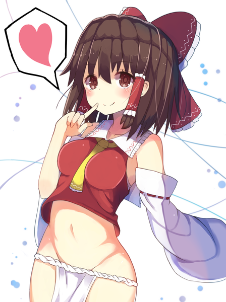 Anime picture 1366x1830 with touhou hakurei reimu kogalashi single tall image blush short hair breasts light erotic simple background brown eyes wide sleeves finger to mouth girl navel bow hair bow detached sleeves heart detached collar