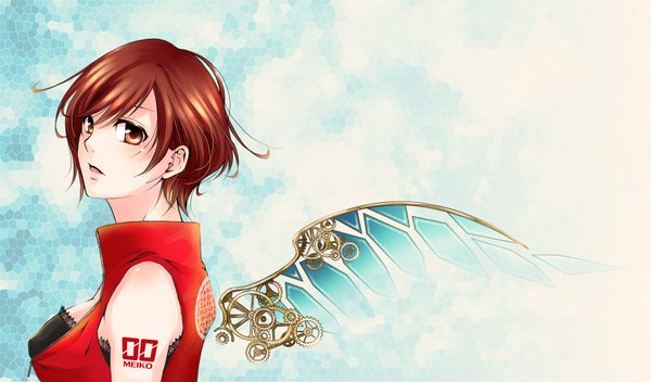 Anime picture 1806x1062 with vocaloid meiko greenishrose single highres short hair brown hair wide image bare shoulders brown eyes blue background mechanical wings girl