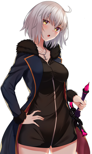 Anime picture 2403x4000 with fate (series) fate/grand order jeanne d'arc (fate) (all) jeanne d'arc alter (fate) jun (aousa0328) single tall image looking at viewer blush highres short hair breasts open mouth simple background white background yellow eyes silver hair ahoge head tilt fur trim