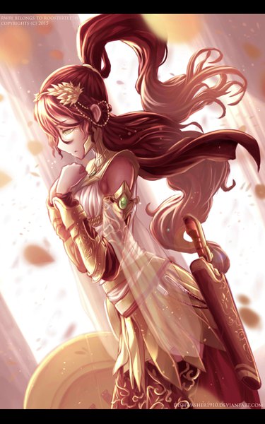 Anime picture 2000x3200 with rwby rooster teeth pyrrha nikos dishwasher1910 single tall image fringe highres hair between eyes brown hair green eyes signed ponytail very long hair profile blurry alternate costume sleeveless hand on chest looking down