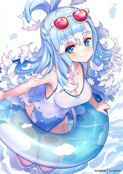 Anime picture 707x1000 with virtual youtuber hololive hololive indonesia kobo kanaeru hong (white spider) single long hair tall image looking at viewer blush fringe breasts blue eyes light erotic smile hair between eyes signed blue hair multicolored hair two-tone hair