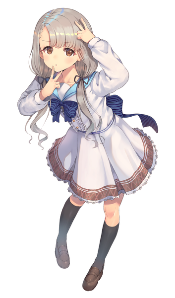 Anime picture 1119x1902 with idolmaster idolmaster cinderella girls idolmaster cinderella girls starlight stage hisakawa nagi rangen single long hair tall image looking at viewer blush simple background standing white background twintails brown eyes silver hair full body low twintails victory sailor collar