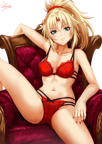 Anime picture 1200x1697 with fate (series) fate/grand order fate/apocrypha mordred (fate) sakiyamama single long hair tall image looking at viewer blush fringe breasts light erotic simple background blonde hair hair between eyes white background sitting signed payot