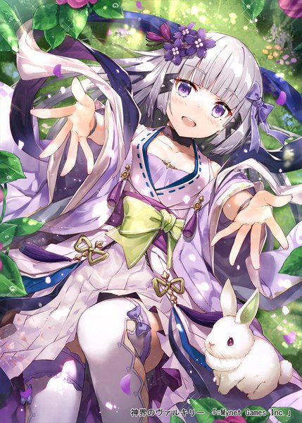 Anime picture 643x900 with shinkai no valkyrie gabiran single long hair tall image looking at viewer blush fringe open mouth smile purple eyes silver hair lying blunt bangs :d hair flower official art sparkle on back outstretched hand