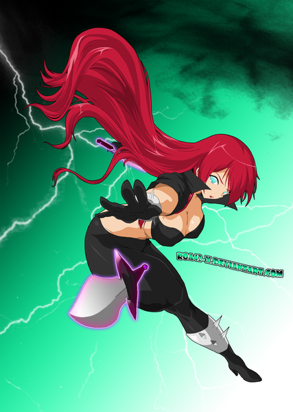Anime picture 2276x3200 with league of legends katarina (league of legends) roa42-x single long hair tall image looking at viewer highres breasts large breasts red hair aqua eyes lightning girl gloves weapon pants dagger
