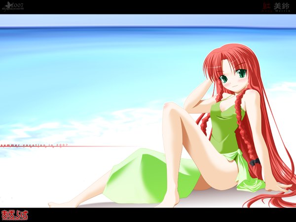 Anime picture 1600x1200 with touhou hong meiling long hair beach summer girl swimsuit water sea