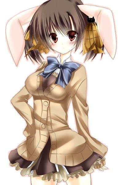 Anime picture 2000x3000 with original amane ruri single tall image blush highres short hair black hair simple background red eyes white background twintails bunny ears short twintails girl skirt miniskirt bowtie sweater