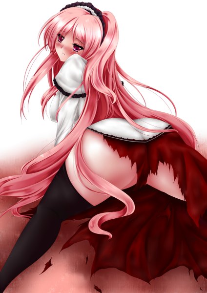 Anime picture 849x1200 with original amane (zmc) single long hair tall image blush light erotic purple eyes pink hair ass tears girl thighhighs dress black thighhighs