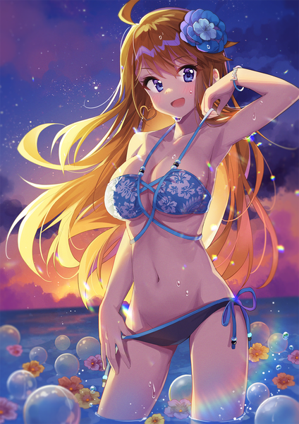 Anime picture 1208x1709 with idolmaster idolmaster million live! tokoro megumi chobi (penguin paradise) single long hair tall image looking at viewer fringe breasts open mouth blue eyes light erotic blonde hair hair between eyes large breasts standing ahoge :d hair flower