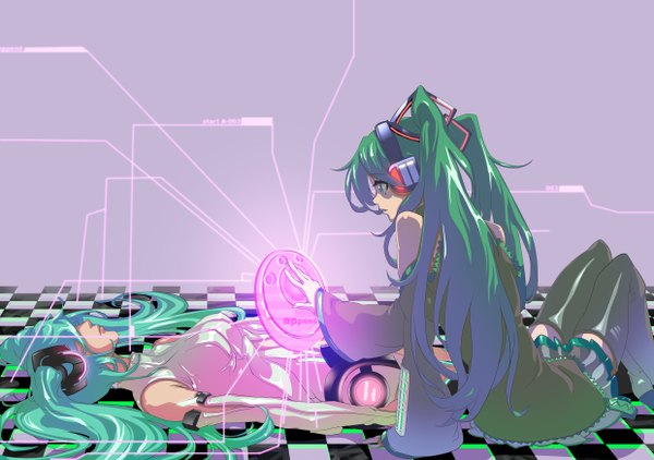 Anime picture 2480x1748 with vocaloid vocaloid append hatsune miku hatsune miku (append) highres twintails multiple girls green eyes green hair checkered floor girl thighhighs 2 girls detached sleeves headphones