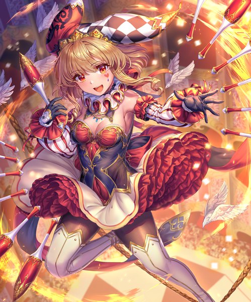 Anime picture 2404x2893 with original shichigatsu single tall image looking at viewer blush fringe highres short hair breasts open mouth blonde hair smile hair between eyes red eyes standing holding cleavage bent knee (knees) indoors