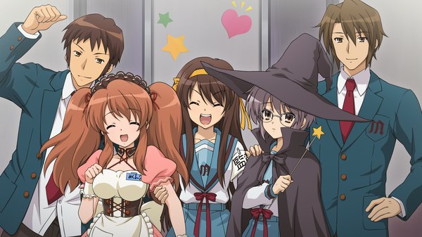 Anime picture 1920x1080 with suzumiya haruhi no yuutsu kyoto animation suzumiya haruhi nagato yuki asahina mikuru kyon koizumi itsuki long hair highres short hair open mouth smile brown hair wide image multiple girls brown eyes game cg eyes closed grey hair multiple boys