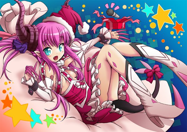 Anime picture 965x682 with fate (series) fate/extra type-moon elizabeth bathory (fate) (all) elizabeth bathory (fate) mana12 long hair looking at viewer blush open mouth blue eyes light erotic smile pink hair tail horn (horns) girl dress