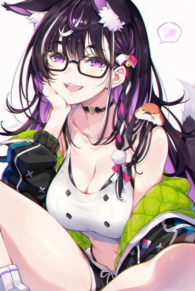 Anime picture 1740x2600 with original tel-o single long hair tall image looking at viewer fringe highres open mouth light erotic black hair sitting purple eyes signed animal ears cleavage tail blunt bangs :d animal tail