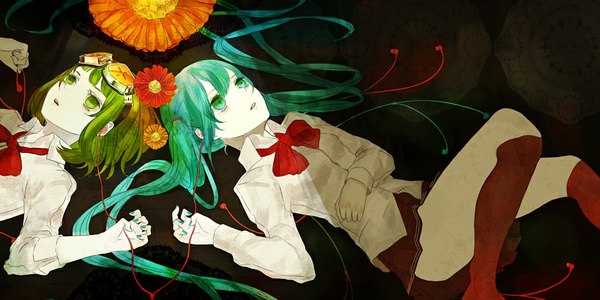 Anime picture 1024x512 with vocaloid hatsune miku gumi hakus (pixiv) long hair short hair wide image twintails multiple girls green eyes hair flower aqua eyes green hair aqua hair girl hair ornament bow 2 girls shirt