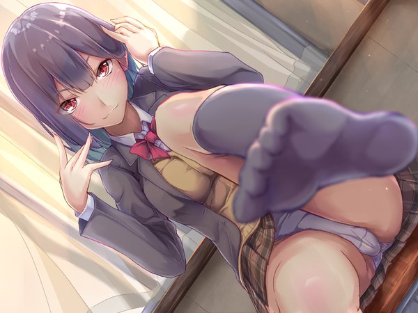 Anime picture 1680x1260 with original maimu (gol-em-1226) single long hair looking at viewer blush fringe breasts light erotic smile red eyes sitting purple hair indoors long sleeves blurry dutch angle pantyshot thighs plaid skirt