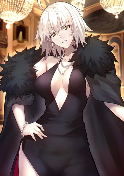 Anime picture 992x1403 with fate (series) fate/grand order jeanne d'arc (fate) (all) jeanne d'arc alter (fate) shiguru single tall image looking at viewer fringe short hair breasts light erotic hair between eyes large breasts standing bare shoulders yellow eyes cleavage silver hair ahoge