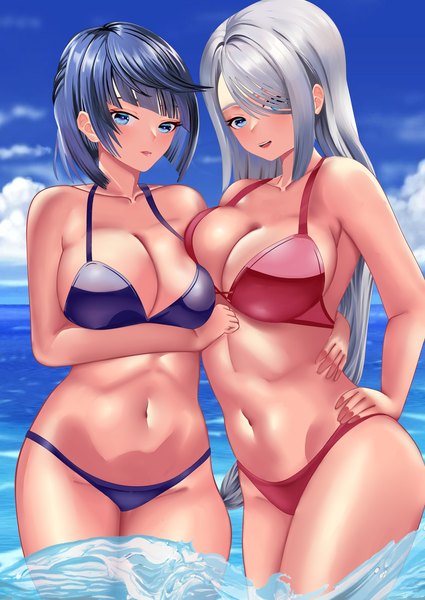 Anime picture 2345x3314 with genshin impact shenhe (genshin impact) yelan (genshin impact) ronikx art long hair tall image blush fringe highres short hair breasts open mouth blue eyes light erotic black hair large breasts standing multiple girls sky silver hair