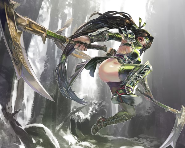 Anime picture 2050x1650 with league of legends akali (league of legends) aoin single looking at viewer highres light erotic black hair ponytail very long hair black eyes girl weapon thigh boots mask