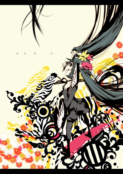 Anime picture 2547x3601 with vocaloid saihate (vocaloid) hatsune miku chalk karasu single long hair tall image fringe highres twintails very long hair looking back hair flower aqua eyes hair over one eye aqua hair inscription girl hair ornament flower (flowers)