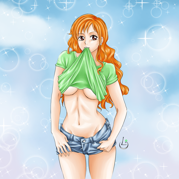 Anime picture 4134x4134 with one piece toei animation nami (one piece) ludovica single long hair fringe highres breasts light erotic simple background large breasts standing holding brown eyes signed looking away absurdres orange hair sparkle