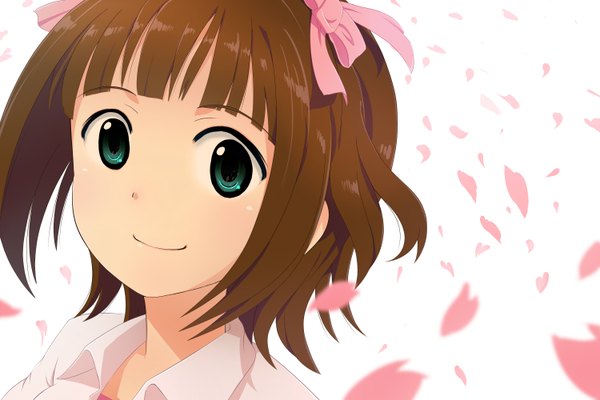 Anime picture 3000x2000 with idolmaster amami haruka yooguru (artist) single highres short hair simple background brown hair white background green eyes portrait face girl ribbon (ribbons) petals