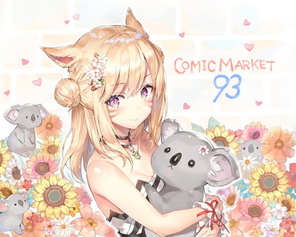 Anime-Bild 1000x802 mit final fantasy final fantasy xiv square enix miqo'te momoko (momopoco) single long hair looking at viewer blush fringe breasts blonde hair smile hair between eyes bare shoulders animal ears cleavage purple hair upper body hair flower