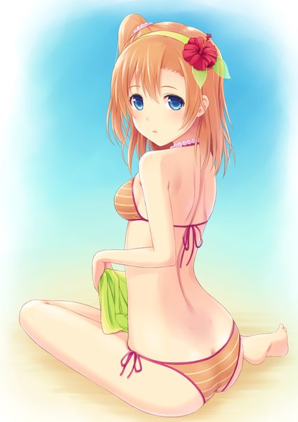 Anime picture 1250x1770 with love live! school idol project sunrise (studio) love live! kousaka honoka n.g. single long hair tall image looking at viewer blush blue eyes light erotic sitting orange hair one side up turning head girl hair ornament swimsuit bikini